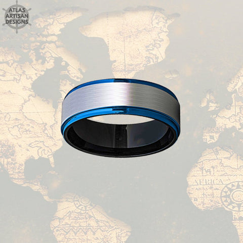Image of 8mm Mens Wedding Band Silver & Blue Tungsten Ring - Atlas Artisan Designs