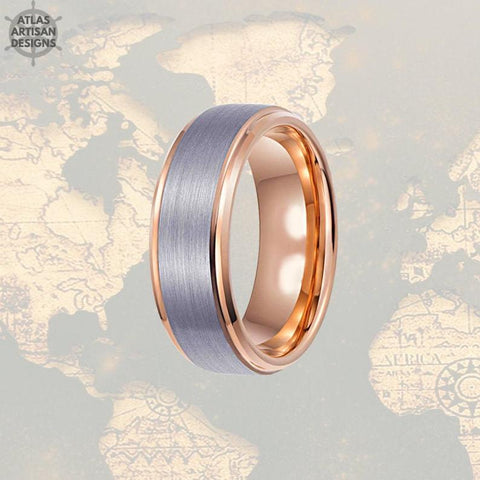 Image of Rose Gold Ring with Step Edges Mens Wedding Band Tungsten Ring, 8mm Unique Mens Ring, Rose Gold Wedding Bands Womens Ring, Mens Promise Ring - Atlas Artisan Designs