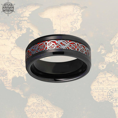 Image of Red Mens Viking Ring Tungsten Wedding Band Mens Ring, Carbon Fiber Ring 8mm Viking Wedding Band Tungsten Ring, Mens Wedding Band Celtic Ring - Atlas Artisan Designs