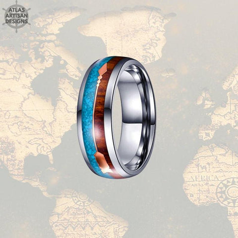 Image of 8mm Koa Wood Wedding Band Natural Turquoise Tungsten Ring Rose Gold Arrow Ring - Atlas Artisan Designs