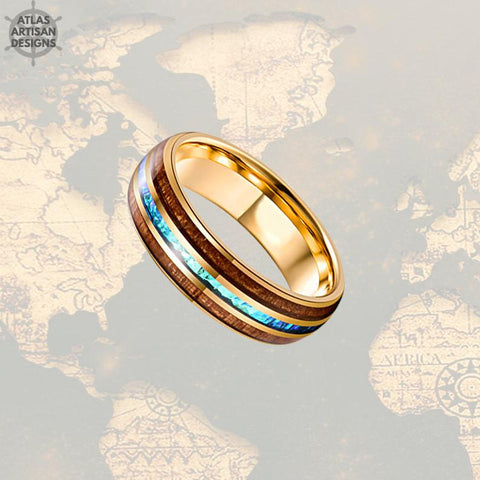 Image of 14K Gold Ring Opal Wedding Band Koa Wood Ring Tungsten Wedding Band - Atlas Artisan Designs