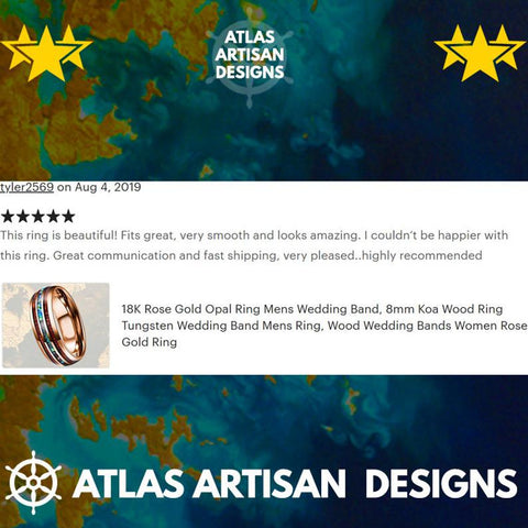 Image of 18K Rose Gold Mens Turquoise Ring Wood Wedding Band Deer Antler Ring, Unique Koa Wood Ring Mens Wedding Band Tungsten Ring with Antler Inlay - Atlas Artisan Designs