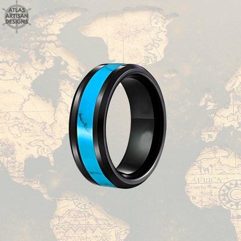 Image of Exotic Turquoise Ring Mens Wedding Band Black Tungsten Ring, 8mm Unique Mens Ring, Turquoise Wedding Bands Womens Ring Turquoise Inlay Ring - Atlas Artisan Designs
