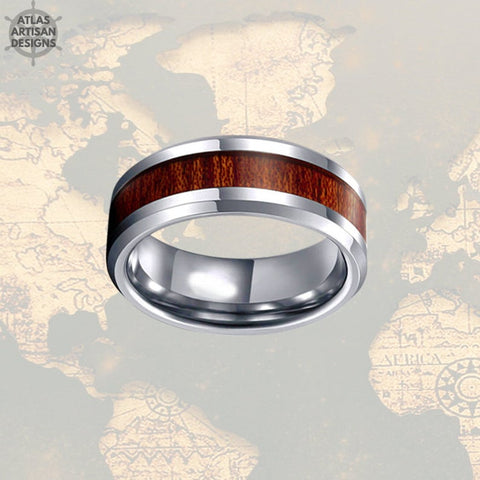 Image of Beveled Edge Koa Wood Ring Mens Wedding Band Silver Tungsten Wedding Band Mens Ring Wood Inlay Ring, 8mm Wood Wedding Band, Unique Mens Ring - Atlas Artisan Designs