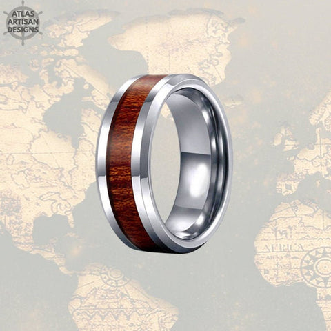 Image of Beveled Edge Koa Wood Ring Mens Wedding Band Silver Tungsten Wedding Band Mens Ring Wood Inlay Ring, 8mm Wood Wedding Band, Unique Mens Ring - Atlas Artisan Designs