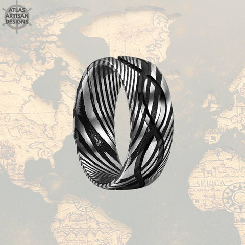 Image of Damascus Ring Mens Wedding Band Infinity Ring, 8mm Damascus Steel Ring, Cool Mens Rings, Black Damascus Wedding Bands Women Unique Ring - Atlas Artisan Designs