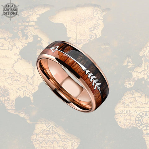 Image of 18K Rose Gold Arrow Ring, Koa Wood Ring Mens Wedding Band Tungsten Ring, Unique Mens Ring, Rose Gold Ring, Wood Wedding Band Mens Ring - Atlas Artisan Designs