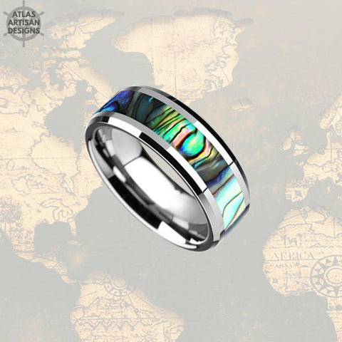 Image of Abalone Ring Mens Wedding Band Tungsten Ring, 8mm Tungsten Wedding Band Mens Ring Abalone Shell Ring Wedding Bands Women, Unique Mens Ring - Atlas Artisan Designs