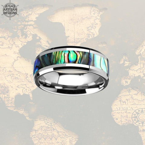 Image of Abalone Ring Mens Wedding Band Tungsten Ring, 8mm Tungsten Wedding Band Mens Ring Abalone Shell Ring Wedding Bands Women, Unique Mens Ring - Atlas Artisan Designs