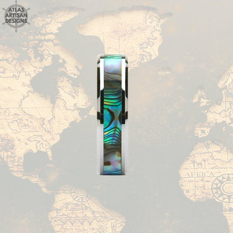 Image of 6mm Abalone Ring Mens Wedding Band Tungsten Ring, Tungsten Wedding Band Mens Ring Abalone Shell Ring Wedding Bands Women, Couples Ring Set - Atlas Artisan Designs