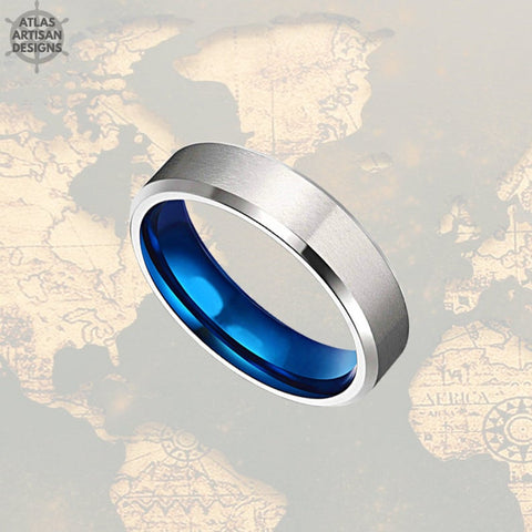 Image of Blue Mens Wedding Band Titanium Ring, 6mm Titanium Wedding Bands Women Ring, Silver Wedding Band Mens Ring, Thin Titanium Rings Couples Ring - Atlas Artisan Designs