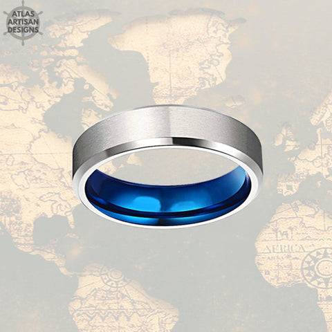 Image of Blue Mens Wedding Band Titanium Ring, 6mm Titanium Wedding Bands Women Ring, Silver Wedding Band Mens Ring, Thin Titanium Rings Couples Ring - Atlas Artisan Designs