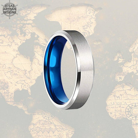 Image of Blue Mens Wedding Band Titanium Ring, 6mm Titanium Wedding Bands Women Ring, Silver Wedding Band Mens Ring, Thin Titanium Rings Couples Ring - Atlas Artisan Designs