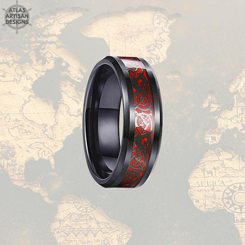 Image of Viking Wedding Band Tungsten Ring, Black Carbon Fiber Ring, Dragon Ring Mens Wedding Band Celtic Ring Tungsten Wedding Band Mens Viking Ring - Atlas Artisan Designs