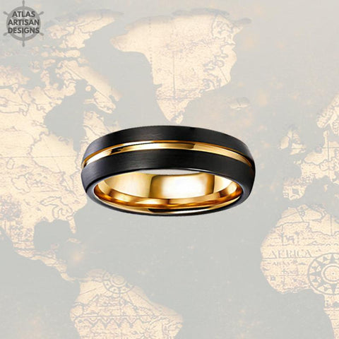 Image of 6mm Black & Gold Tungsten Wedding Band Mens Ring, Mens Wedding Band Gold Ring, Thin Wedding Bands Women Ring, Unique Mens Ring, Promise Ring - Atlas Artisan Designs