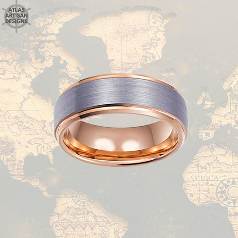 Image of Rose Gold Ring with Step Edges Mens Wedding Band Tungsten Ring, 8mm Unique Mens Ring, Rose Gold Wedding Bands Womens Ring, Mens Promise Ring - Atlas Artisan Designs