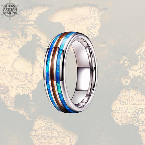 Image of 6mm Blue Opal Wedding Band Mens Ring, Unique Koa Wood Ring Mens Wedding Band Opal Ring, Tungsten Wedding Bands Womens Ring, Mens Wood Ring - Atlas Artisan Designs