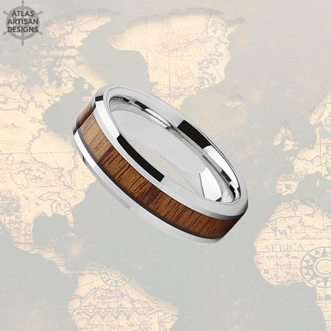 Image of 6mm Koa Wood Ring Mens Wedding Band Silver Tungsten Wedding Band Mens Ring, Wood Wedding Band, Mens Wood Ring Unique Mens Ring Bevel Edges - Atlas Artisan Designs