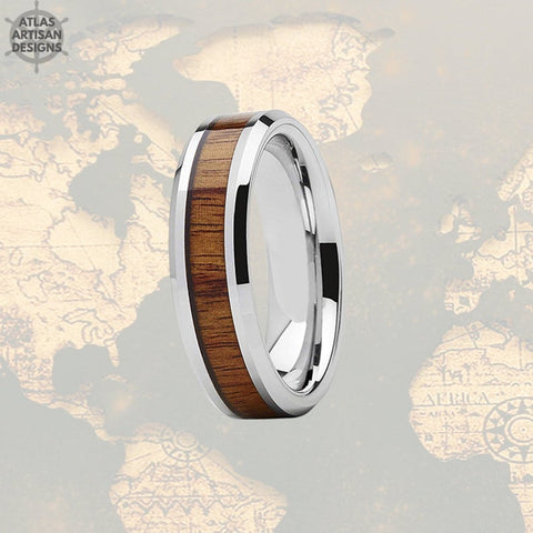 Image of 6mm Koa Wood Ring Mens Wedding Band Silver Tungsten Wedding Band Mens Ring, Wood Wedding Band, Mens Wood Ring Unique Mens Ring Bevel Edges - Atlas Artisan Designs