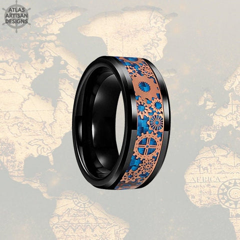 Image of Viking Wedding Ring Mens Black Ring, Rose Gold Ring Mens Wedding Band Tungsten Ring, Blue Carbon Fiber Ring, Tungsten Wedding Band Mens Ring - Atlas Artisan Designs