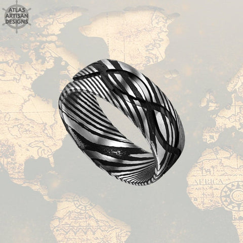 Image of Damascus Ring Mens Wedding Band Infinity Ring, 8mm Damascus Steel Ring, Cool Mens Rings, Black Damascus Wedding Bands Women Unique Ring - Atlas Artisan Designs