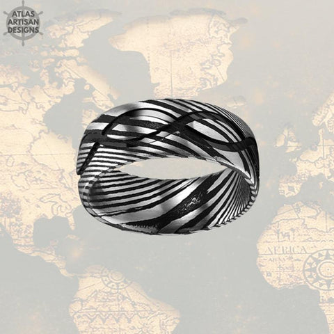 Image of Damascus Ring Mens Wedding Band Infinity Ring, 8mm Damascus Steel Ring, Cool Mens Rings, Black Damascus Wedding Bands Women Unique Ring - Atlas Artisan Designs