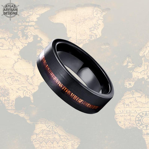 Image of 6mm Koa Wood Ring Mens Wedding Band Black Tungsten Wedding Band Mens Ring, Offset Wood Inlay Ring, Unique Wood Wedding Band Tungsten Ring - Atlas Artisan Designs