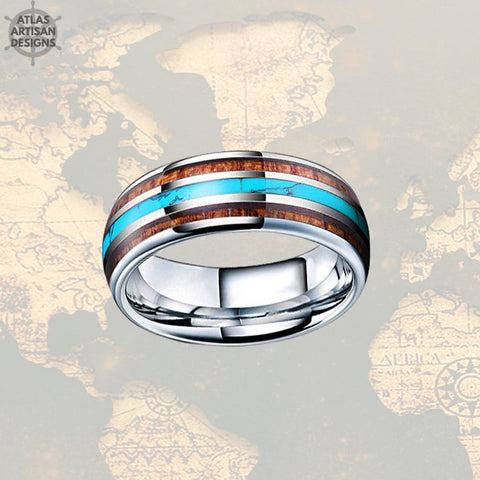Image of Mens Turquoise Ring Tungsten Wedding Band Viking Ring, 8mm Unique Koa Wood Ring Mens Wedding Band Turquoise Inlay Ring, Silver Wooden Ring - Atlas Artisan Designs
