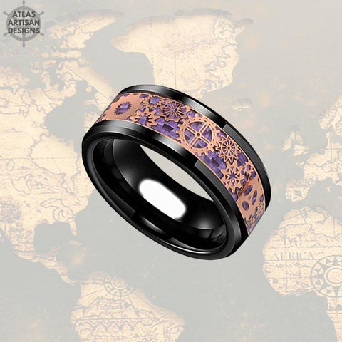 Image of Steampunk Ring Rose Gold Wedding Band 8mm Black & Purple Ring Mens Wedding Band Tungsten Ring, Carbon Fiber Ring, Wedding Band Mens Ring - Atlas Artisan Designs