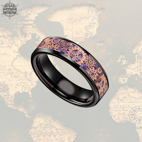 Image of 6mm Rose Gold Wedding Band Steampunk Ring Black & Purple Ring Mens Wedding Band Tungsten Ring, Purple Carbon Fiber Ring Mechanical Mens Ring - Atlas Artisan Designs