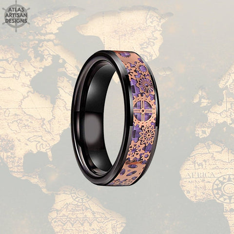 Image of 6mm Rose Gold Wedding Band Steampunk Ring Black & Purple Ring Mens Wedding Band Tungsten Ring, Purple Carbon Fiber Ring Mechanical Mens Ring - Atlas Artisan Designs