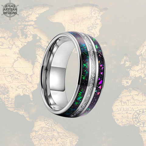 Image of Blue Opal & Meteorite Ring Mens Wedding Band, 8mm Green Opal Ring Tungsten Wedding Band Mens Ring, Meteorite Wedding Bands Women Unique Ring - Atlas Artisan Designs