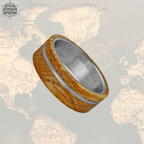 Image of Gunmetal Whiskey Barrel Ring Mens Wedding Band Wood Ring, Unique Tungsten Wedding Band Mens Ring, Whiskey Ring 8mm Whiskey Wood Wedding Band - Atlas Artisan Designs