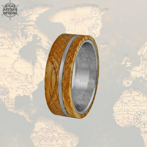 Image of Gunmetal Whiskey Barrel Ring Mens Wedding Band Wood Ring, Unique Tungsten Wedding Band Mens Ring, Whiskey Ring 8mm Whiskey Wood Wedding Band - Atlas Artisan Designs