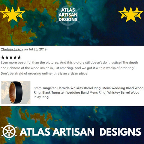 Image of Gunmetal Whiskey Barrel Ring Mens Wedding Band Wood Ring, Unique Tungsten Wedding Band Mens Ring, Whiskey Ring 8mm Whiskey Wood Wedding Band - Atlas Artisan Designs