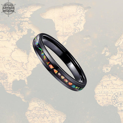 Image of 4mm Fire Opal Ring Mens Wedding Band Opal Inlay Ring, Tungsten Wedding Band Mens Ring, Opal Wedding Bands Womens Ring, Womens Wedding Band - Atlas Artisan Designs