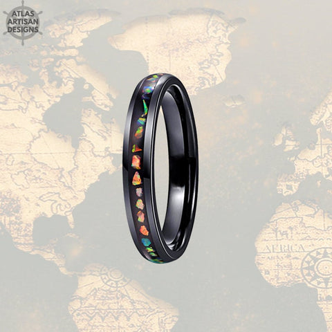 Image of 4mm Fire Opal Ring Mens Wedding Band Opal Inlay Ring, Tungsten Wedding Band Mens Ring, Opal Wedding Bands Womens Ring, Womens Wedding Band - Atlas Artisan Designs