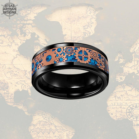 Image of Viking Wedding Ring Mens Black Ring, Rose Gold Ring Mens Wedding Band Tungsten Ring, Blue Carbon Fiber Ring, Tungsten Wedding Band Mens Ring - Atlas Artisan Designs