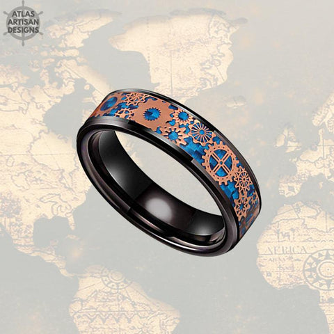 Image of 6mm Black & Rose Gold Ring Mens Wedding Band Tungsten Ring, Unique Steampunk Ring Blue Carbon Fiber Ring, Tungsten Wedding Band Mens Ring - Atlas Artisan Designs