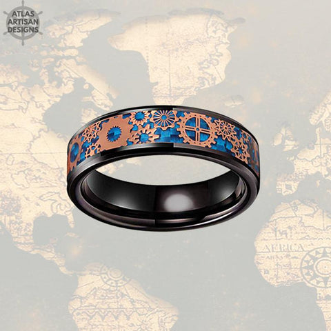 Image of 6mm Black & Rose Gold Ring Mens Wedding Band Tungsten Ring, Unique Steampunk Ring Blue Carbon Fiber Ring, Tungsten Wedding Band Mens Ring - Atlas Artisan Designs