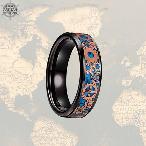 Image of 6mm Black & Rose Gold Ring Mens Wedding Band Tungsten Ring, Unique Steampunk Ring Blue Carbon Fiber Ring, Tungsten Wedding Band Mens Ring - Atlas Artisan Designs