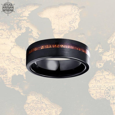 Image of 6mm Koa Wood Ring Mens Wedding Band Black Tungsten Wedding Band Mens Ring, Offset Wood Inlay Ring, Unique Wood Wedding Band Tungsten Ring - Atlas Artisan Designs