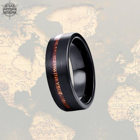 Image of 6mm Koa Wood Ring Mens Wedding Band Black Tungsten Wedding Band Mens Ring, Offset Wood Inlay Ring, Unique Wood Wedding Band Tungsten Ring - Atlas Artisan Designs