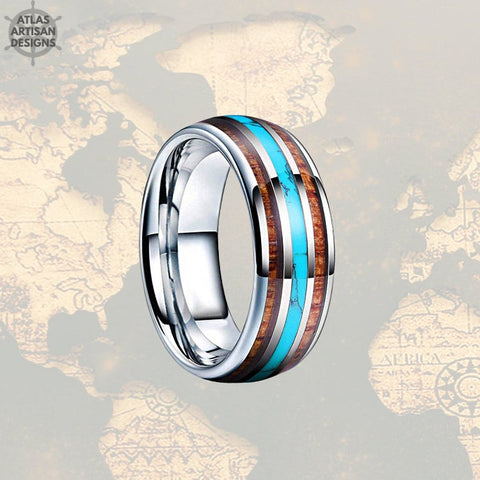 Image of Mens Turquoise Ring Tungsten Wedding Band Viking Ring, 8mm Unique Koa Wood Ring Mens Wedding Band Turquoise Inlay Ring, Silver Wooden Ring - Atlas Artisan Designs