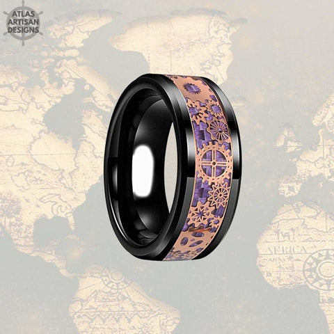 Image of Steampunk Ring Rose Gold Wedding Band 8mm Black & Purple Ring Mens Wedding Band Tungsten Ring, Carbon Fiber Ring, Wedding Band Mens Ring - Atlas Artisan Designs