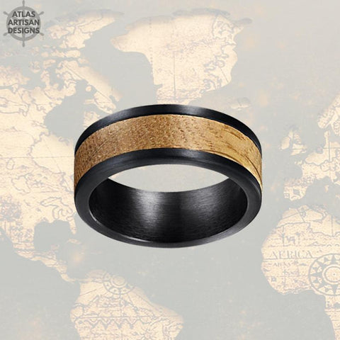 Image of Black Whiskey Barrel Ring 8mm Pipe Cut Mens Wedding Band Wood Ring, Bourbon Barrel Wedding Band Mens Ring, Whiskey Barrel Wood Inlay Ring - Atlas Artisan Designs