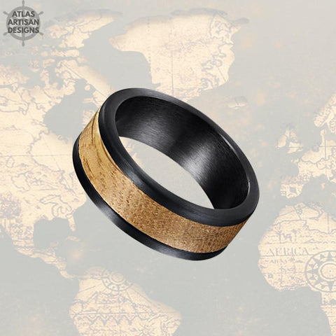 Image of Black Whiskey Barrel Ring 8mm Pipe Cut Mens Wedding Band Wood Ring, Bourbon Barrel Wedding Band Mens Ring, Whiskey Barrel Wood Inlay Ring - Atlas Artisan Designs