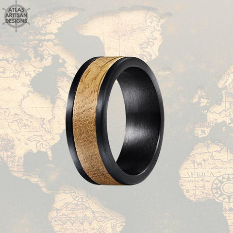 Image of Black Whiskey Barrel Ring 8mm Pipe Cut Mens Wedding Band Wood Ring, Bourbon Barrel Wedding Band Mens Ring, Whiskey Barrel Wood Inlay Ring - Atlas Artisan Designs