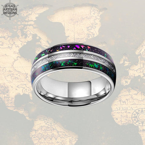 Image of Blue Opal & Meteorite Ring Mens Wedding Band, 8mm Green Opal Ring Tungsten Wedding Band Mens Ring, Meteorite Wedding Bands Women Unique Ring - Atlas Artisan Designs