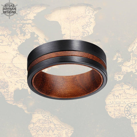 Image of Rose Wood Ring Mens Wedding Band Tungsten Ring with Offset Groove, 8mm Black Tungsten Wedding Band Mens Ring, Unique Wood Wedding Band - Atlas Artisan Designs